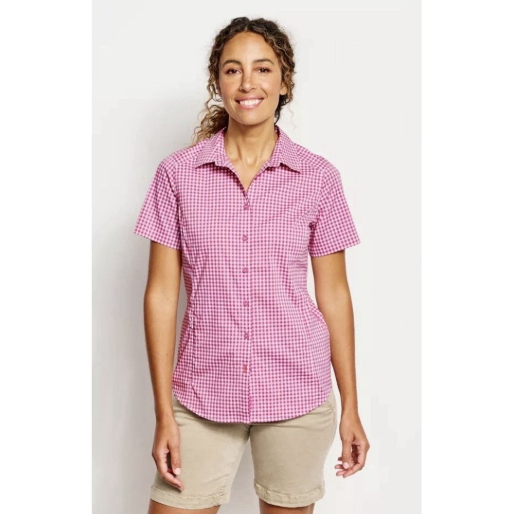 Orvis Womens River Guide Short Sleeve Shirt pink Gingham XL Vented Pocket